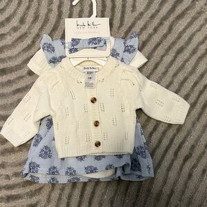 3 Piece Girls Cream Cardigan and Blue Floral Dress Set